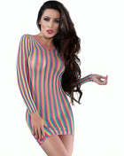 Formschönes langärmliges Mini-Kleid chilirose CR 4334 mit leuchtenden regenbogenstreifen in mehrfarbig S M
