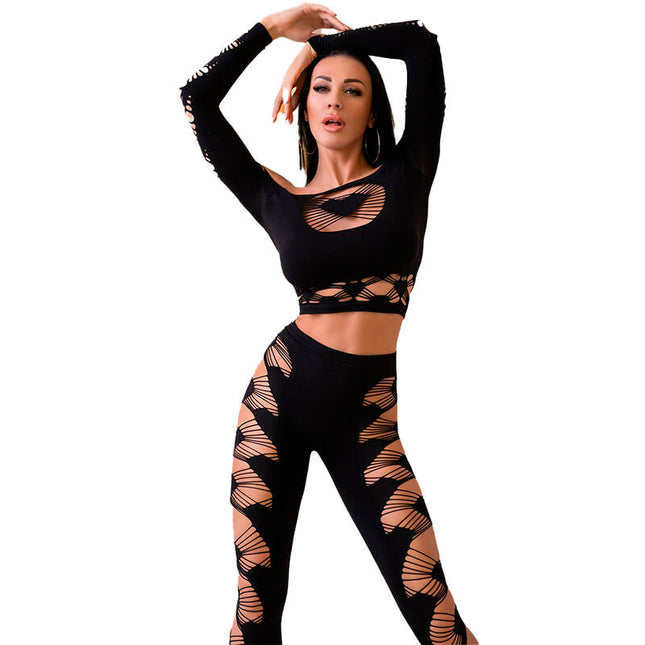 Schwarzes chilling rose zweiteiliges set mit langen ärmeln und ausgefallenen cut-out-mustern aus elastischem material