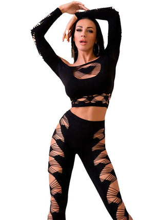 Schwarzes chilling rose zweiteiliges set mit langen ärmeln und ausgefallenen cut-out-mustern aus elastischem material