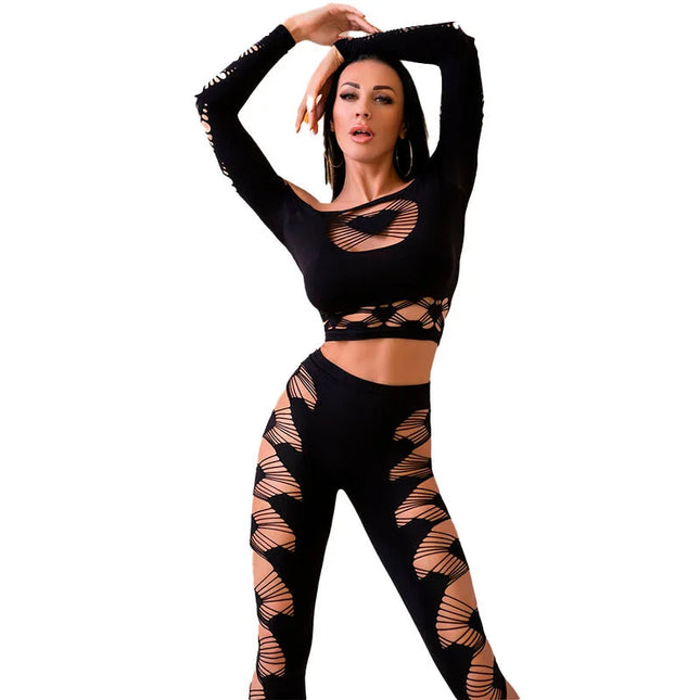 Schwarzes chilling rose zweiteiliges set mit langen ärmeln und ausgefallenen cut-out-mustern aus elastischem material