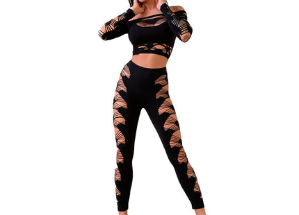 Schwarzes chilirose cr 4436 mesh zweiteiler mit crop top und legging aus geometrischem muster für workout