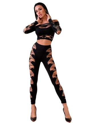 Schwarzes chilirose cr 4436 mesh zweiteiler mit crop top und legging aus geometrischem muster für workout