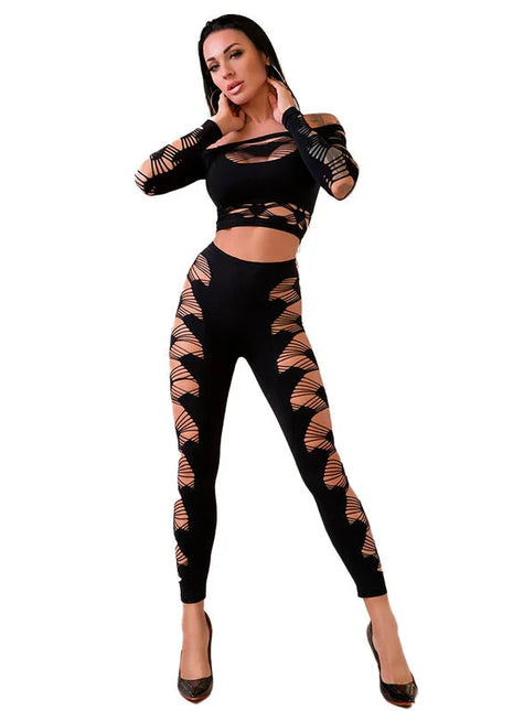 Schwarzes chilirose cr 4436 mesh zweiteiler mit crop top und legging aus geometrischem muster für workout