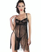 Schwarze chemise von chilibose mit schwarzer spitze, feinen fransen und transparentem overlayer