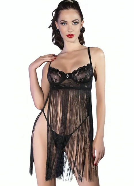 Schwarze chemise von chilibose mit schwarzer spitze, feinen fransen und transparentem overlayer