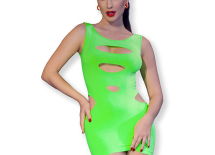 Ein neongrünes, eng anliegendes mini-kleid von chilirose mit elastischem stoff und auffälligen horizontalen cutouts am torso