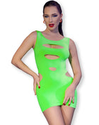 Ein neongrünes, eng anliegendes mini-kleid von chilirose mit elastischem stoff und auffälligen horizontalen cutouts am torso
