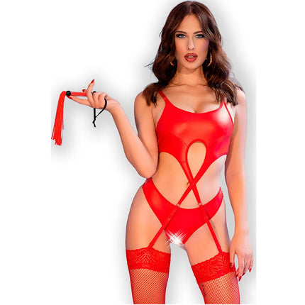 Chilirose cr 4625 rot transparenter bodysuit mit spitzenbesatz und gekreuzten trägern in größe m