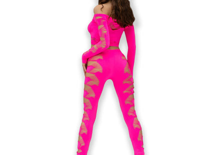 Bright pinkes zweiteiliges loungewear-set chilirose cr 4632 mit goldfarbenen fächerförmigen cutouts an den seiten