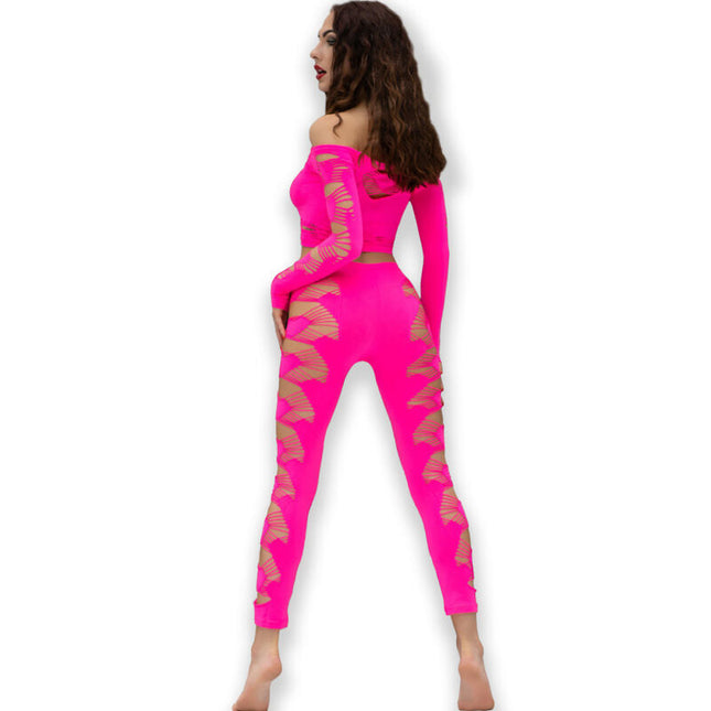 Bright pinkes zweiteiliges loungewear-set chilirose cr 4632 mit goldfarbenen fächerförmigen cutouts an den seiten