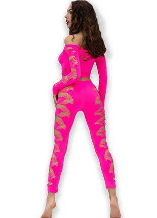 Bright pinkes zweiteiliges loungewear-set chilirose cr 4632 mit goldfarbenen fächerförmigen cutouts an den seiten