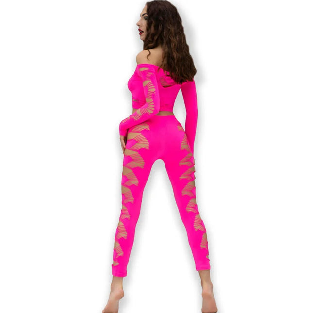 Bright pinkes zweiteiliges loungewear-set chilirose cr 4632 mit goldfarbenen fächerförmigen cutouts an den seiten