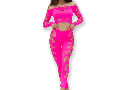 Hellrosa zweiteiliges sportset chilirose cr 4632 mit goldfarbenen transparenten blattmusterausschnitten