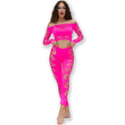 Hellrosa zweiteiliges sportset chilirose cr 4632 mit goldfarbenen transparenten blattmusterausschnitten