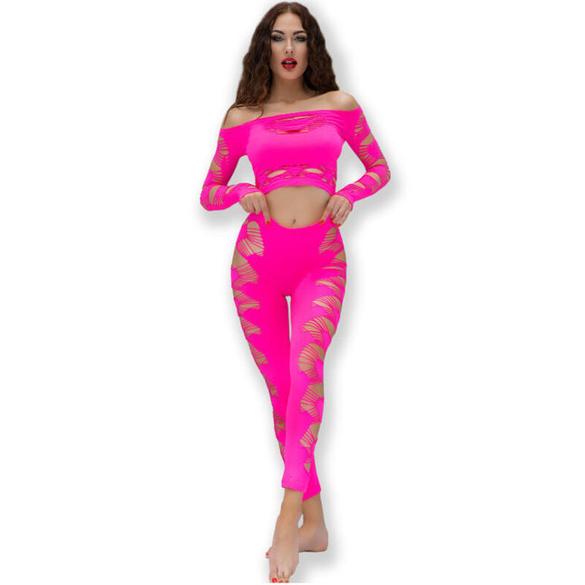 Hellrosa zweiteiliges sportset chilirose cr 4632 mit goldfarbenen transparenten blattmusterausschnitten