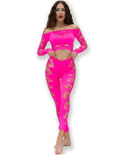 Hellrosa zweiteiliges sportset chilirose cr 4632 mit goldfarbenen transparenten blattmusterausschnitten