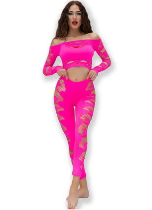 Hellrosa zweiteiliges sportset chilirose cr 4632 mit goldfarbenen transparenten blattmusterausschnitten