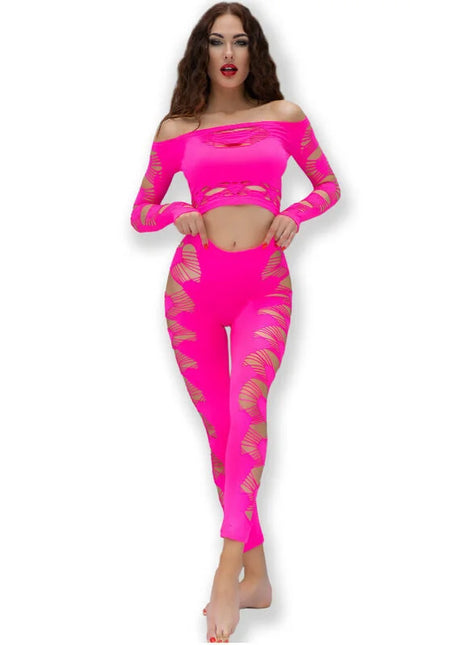 Hellrosa zweiteiliges sportset chilirose cr 4632 mit goldfarbenen transparenten blattmusterausschnitten