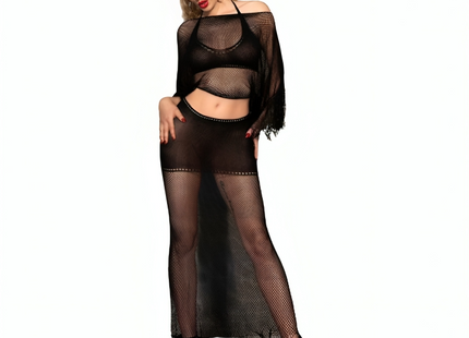 Schwarzes mesh zweiteiler outfit chilirose cr 4666 top und rock mit ausgefransten kanten und schulterfreiem oberteil