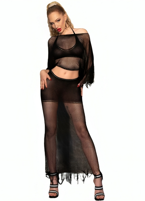 Schwarzes mesh zweiteiler outfit chilirose cr 4666 top und rock mit ausgefransten kanten und schulterfreiem oberteil