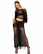 Schwarzes mesh zweiteiler outfit chilirose cr 4666 top und rock mit ausgefransten kanten und schulterfreiem oberteil
