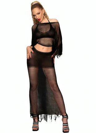 Schwarzes mesh zweiteiler outfit chilirose cr 4666 top und rock mit ausgefransten kanten und schulterfreiem oberteil