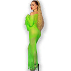 Vibrantes neongrün meshkleid chilirose cr 4666 mit fransen an ärmeln und saum in größe s/m
