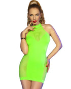 Neon grün mesh halter kleid chilirose cr 4708 mit hohem ausschnitt und figurbetontem schnitt in größe s/m