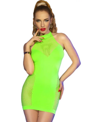 Neon grün mesh halter kleid chilirose cr 4708 mit hohem ausschnitt und figurbetontem schnitt in größe s/m