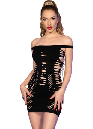 Schwarzes off-shoulder mesh minikleid mit skelett-inspiriertem cutout-muster von chilirose modell cr 4711 s/m