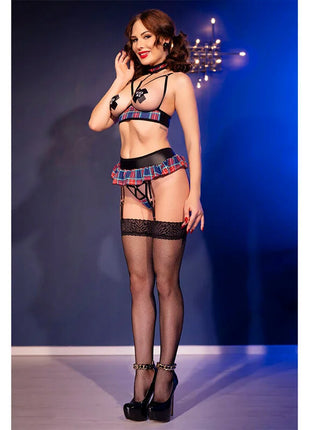 Schwarzes und rotes karomuster lingerie set mit spitzenbesatz chilirose cr 4843 schulmädchen kostüm s