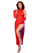 Rotes spitzenkleid chilirose cr 4853 mit langen ärmeln halsband und hohem schlitz in größe s/m