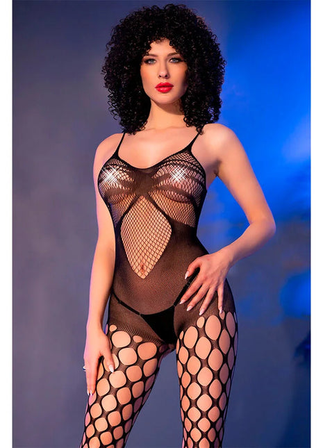 Schwarzer chilirose cr 4854 bodystocking aus netzstoff mit transparentem design und ausgeschnittenen beinen