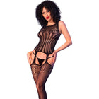 Schwarzer chilirose cr 4855 bodystocking mit spitzenbesatz und corsettoptik aus mesh in s/m