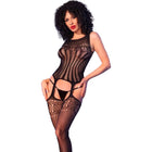 Schwarzer chilirose cr 4855 bodystocking mit spitzenbesatz und corsettoptik aus mesh in s/m