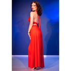 Rotes halterneck-kleid mit cut-out rücken und passendem transparentem stoff seitlich im chilirose größe s