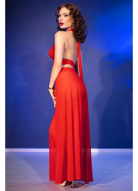 Rotes halterneck-kleid mit cut-out rücken und passendem transparentem stoff seitlich im chilirose größe s