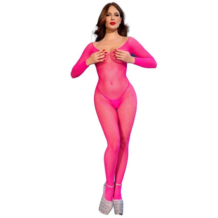 Ein leuchtend neonpinkes, langärmliges bodystocking aus mesh mit tiefem ausschnitt von chilirose model cr 4894 s/m