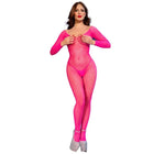 Ein leuchtend neonpinkes, langärmliges bodystocking aus mesh mit tiefem ausschnitt von chilirose model cr 4894 s/m