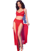Rotes sheer zweiteiliges chilirose dance outfit mit hohem schlitz und goldenen kettenakzenten