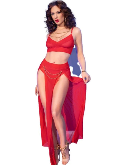 Rotes sheer zweiteiliges chilirose dance outfit mit hohem schlitz und goldenen kettenakzenten