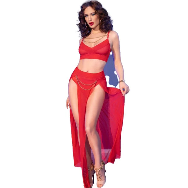Rotes sheer zweiteiliges chilirose dance outfit mit hohem schlitz und goldenen kettenakzenten