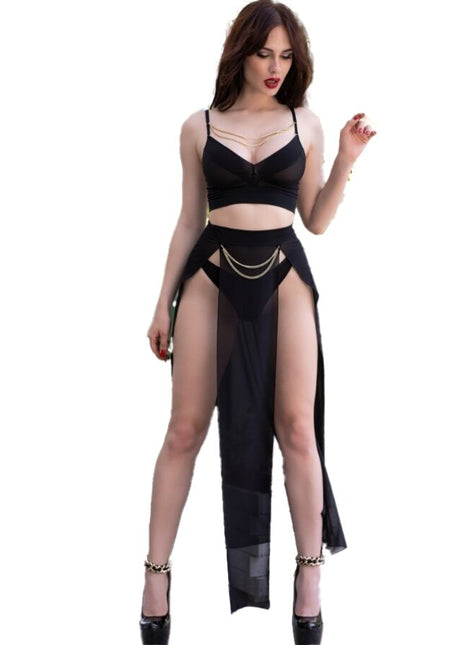 Schwarzer sheer mesh zweiteiler chilirose mit hohem schlitz und goldenen ketten als auffälliges clubwear set