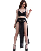 Schwarzer sheer mesh zweiteiler chilirose mit hohem schlitz und goldenen ketten als auffälliges clubwear set