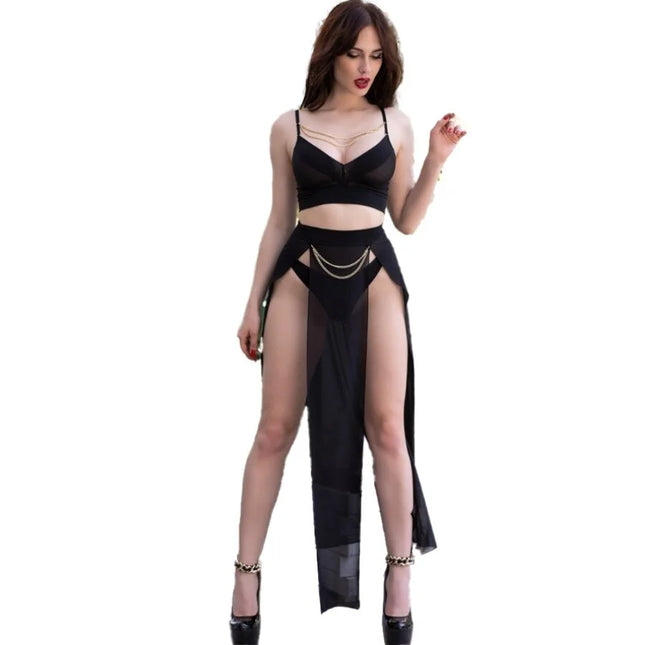 Schwarzer sheer mesh zweiteiler chilirose mit hohem schlitz und goldenen ketten als auffälliges clubwear set