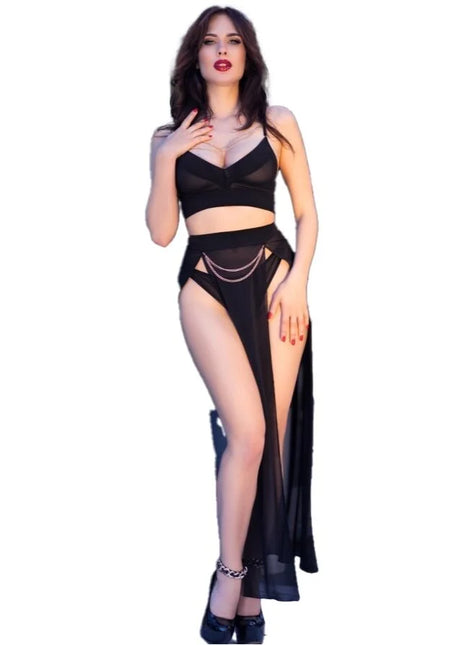 Schwarzer transparenter zweiteiler chilirose mit hohem schlitz und goldenen ketten bestehend aus top rock und tanga