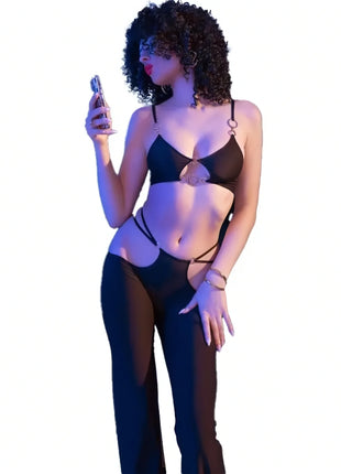 CHILIROSE - SCHWARZES SEXY TÜLL SET MIT GOLDENEN ACCESSOIRES - S - Top & Hose