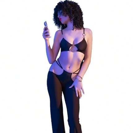 CHILIROSE - SCHWARZES SEXY TÜLL SET MIT GOLDENEN ACCESSOIRES - S - Top & Hose
