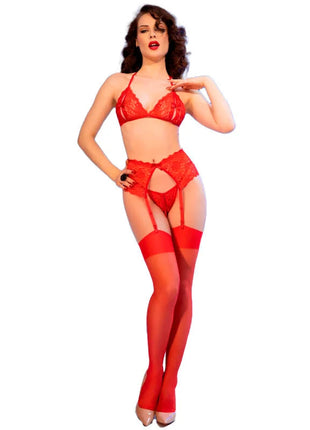 CHILIROSE - SPITZEN-BH + TANGA + STRÜMPFE SET - Sexy Dessous-Set