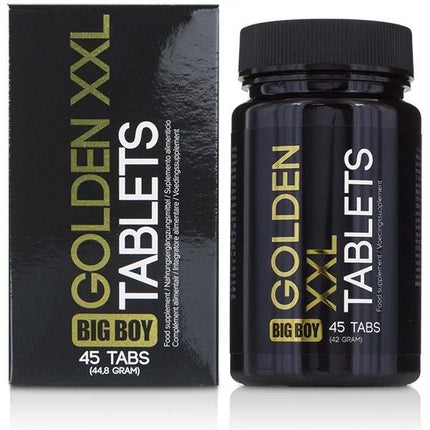 Schwarze plastikflasche mit goldener beschriftung big boy golden xxl und passender box von cobeco 45 tabs